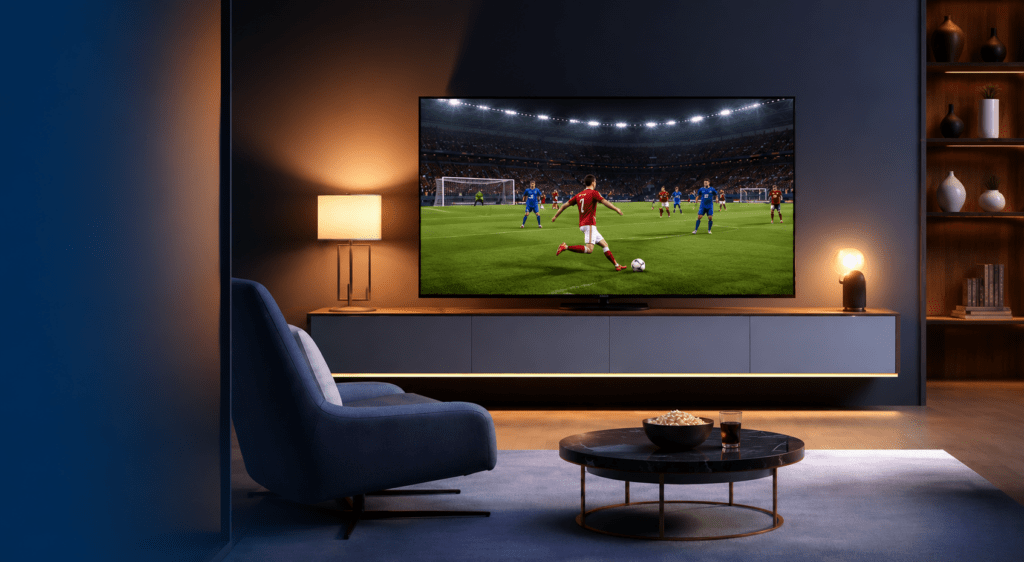 TV com imagem de jogo de futebol