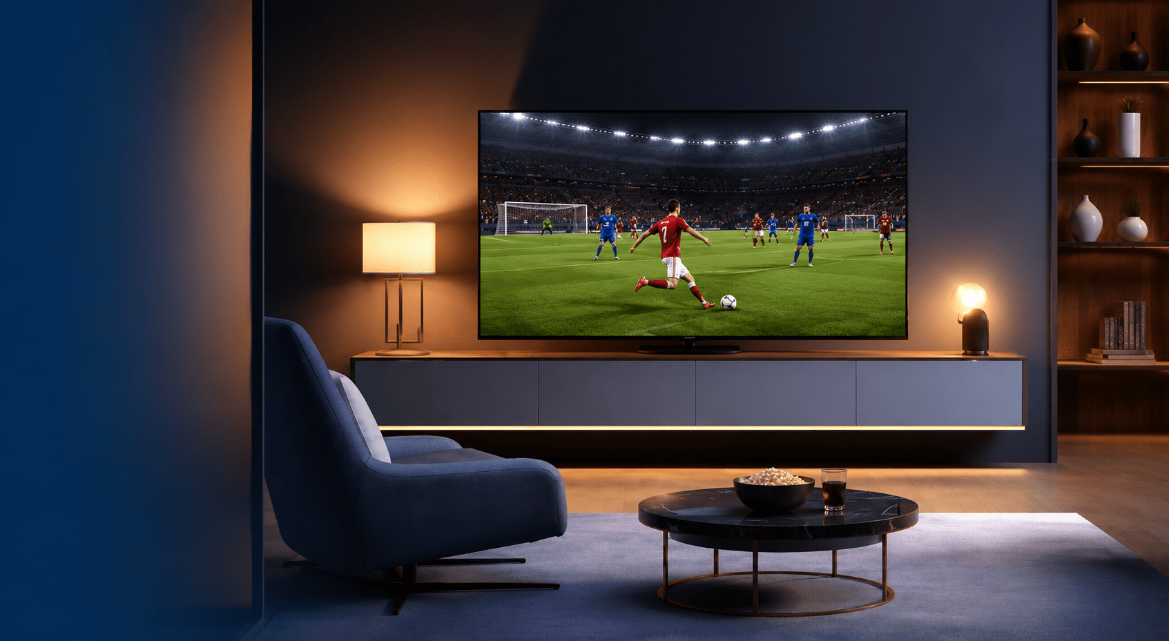 TV com imagem de jogo de futebol
